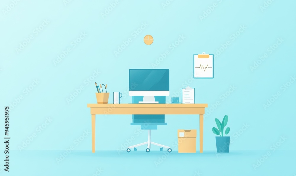 A modern medical consultation room with a desk equipped for patient visits featuring a computer, stethoscope, and organized supplies in professional, cool-toned colors. A modern medical consultation room with a desk equipped for patient visits featuring a computer, stethoscope, and organized supplies in professional, cool-toned colors.