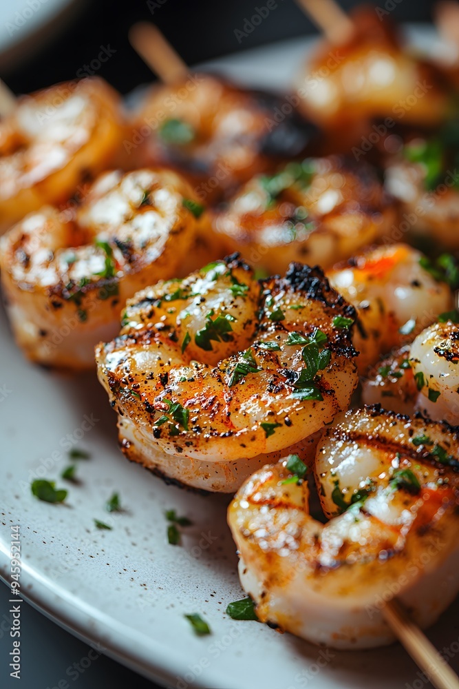 Grilled Shrimp Skewers with a modern restaurant backdrop and a blurry background, emphasizing the savory, gourmet flavors and elegant presentation. Grilled Shrimp Skewers with a modern restaurant backdrop and a blurry background, emphasizing the savory, gourmet flavors and elegant presentation.