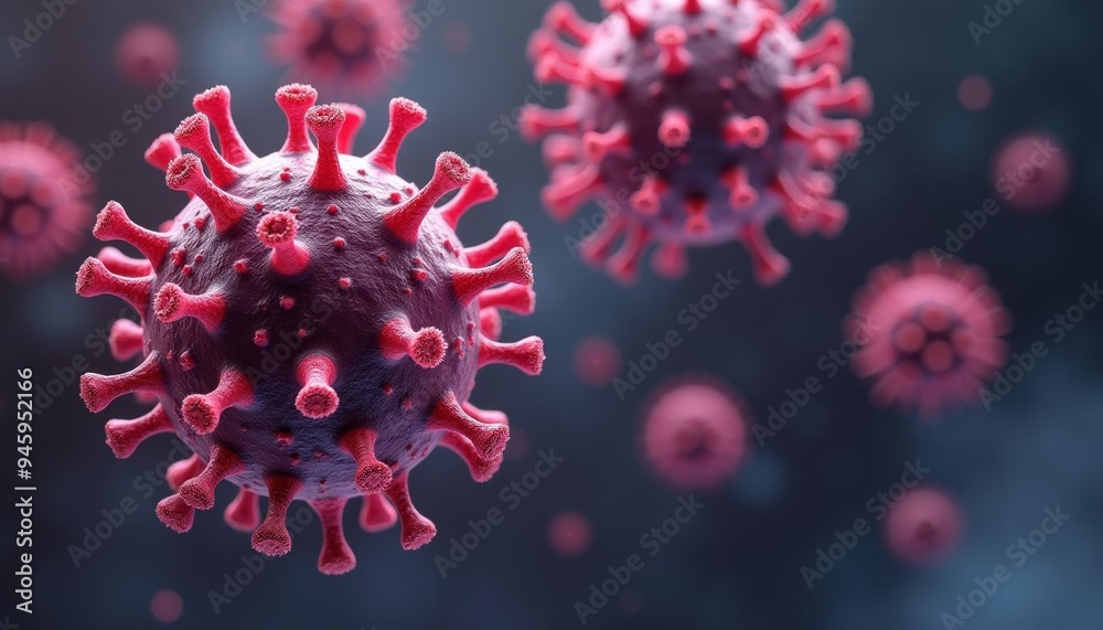 Viral particles in a microscopic view illustrating the spread of a disease Viral particles in a microscopic view illustrating the spread of a disease