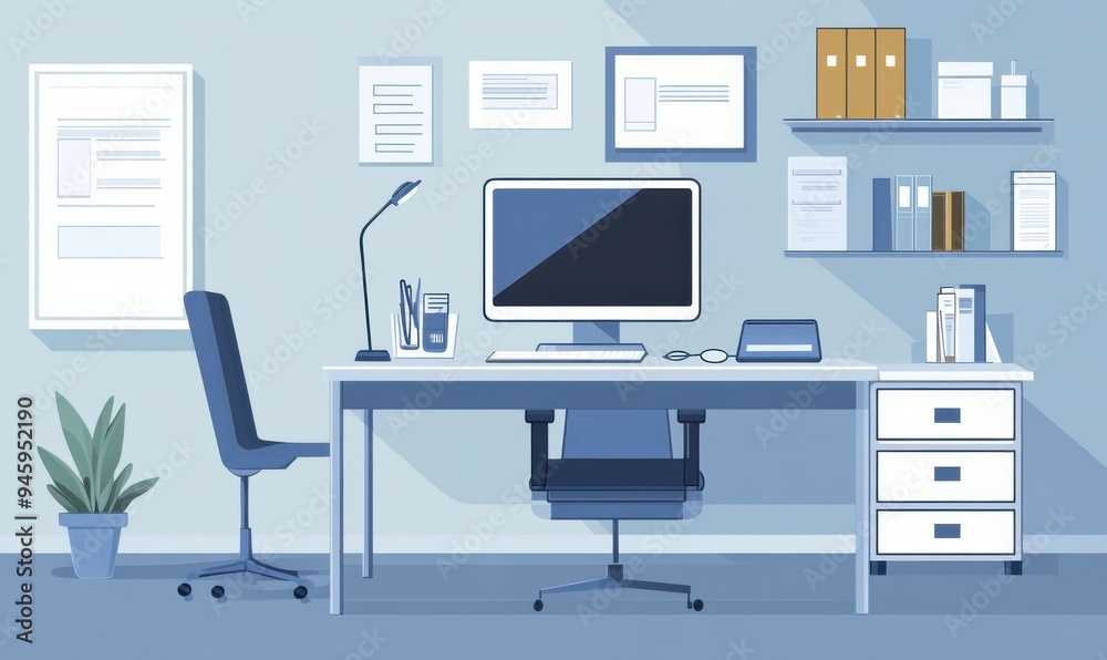A modern medical consultation room with a desk equipped for patient visits featuring a computer, stethoscope, and organized supplies in professional, cool-toned colors. A modern medical consultation room with a desk equipped for patient visits featuring a computer, stethoscope, and organized supplies in professional, cool-toned colors.