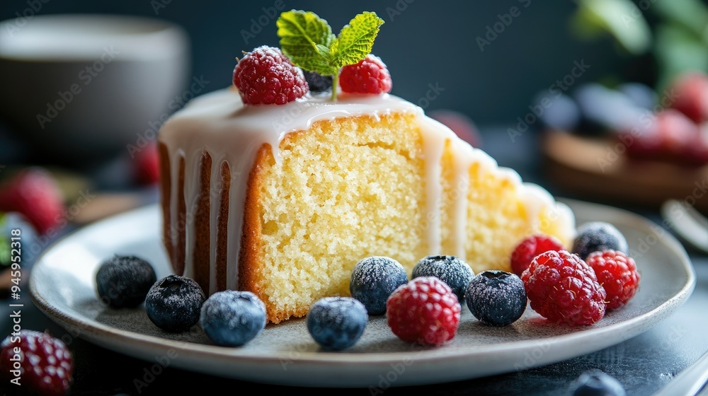 Close-up of a slice of butter vanilla cake with a drizzle of glaze and fresh berries, served for breakfast. Close-up of a slice of butter vanilla cake with a drizzle of glaze and fresh berries, served for breakfast.