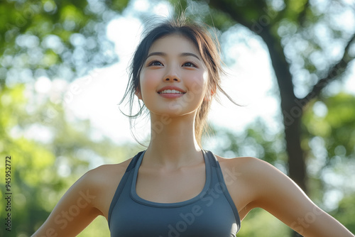 Young Japanese woman in sportswear enjoying outdoor exercise in a sunny park