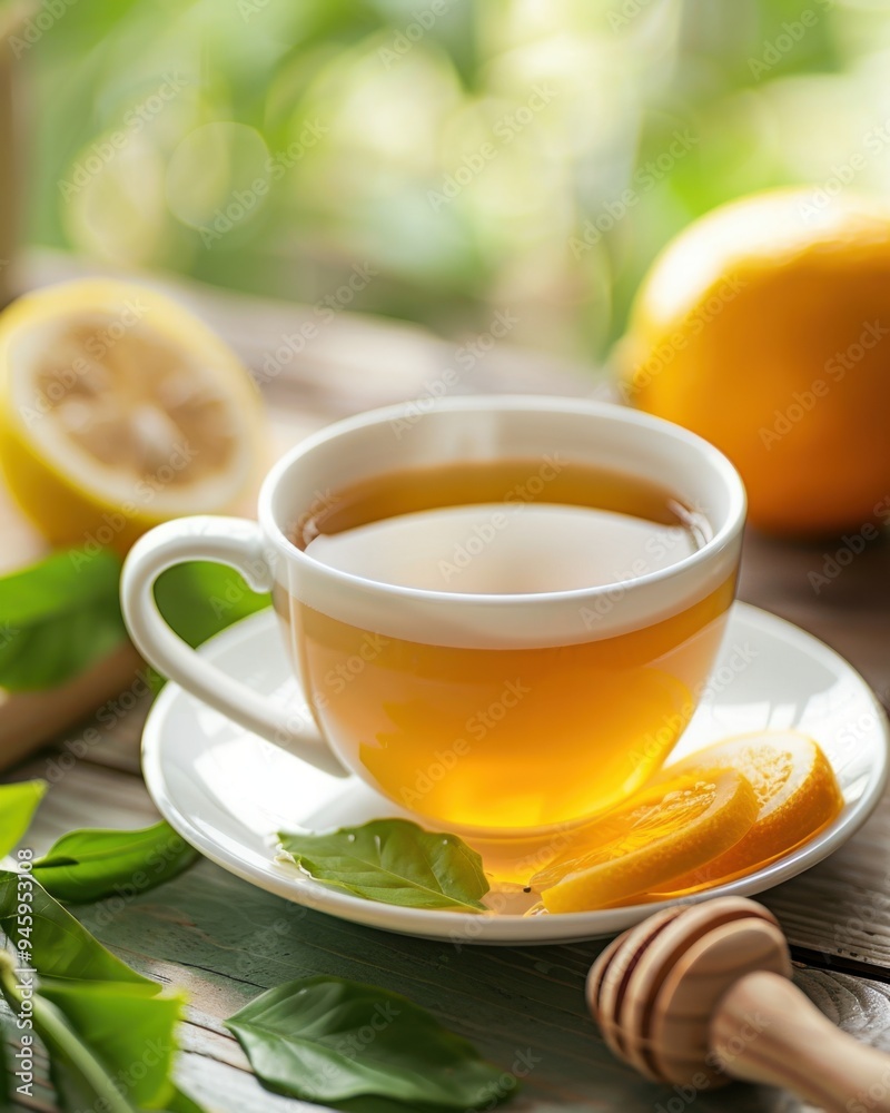 A refreshing cup of lemon tea with slices of lemon, honey, and fresh leaves on a wooden table in a natural light setting. A refreshing cup of lemon tea with slices of lemon, honey, and fresh leaves on a wooden table in a natural light setting.