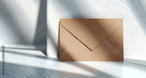 Minimalist ambiance unassuming brown envelope for email communication on white table and white background. photo