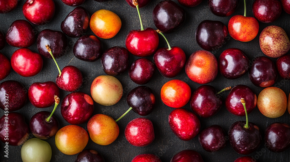 A vibrant assortment of various cherries displayed on a dark wooden surface, showcasing colors and textures during summer A vibrant assortment of various cherries displayed on a dark wooden surface, showcasing colors and textures during summer