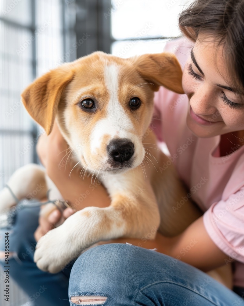 Happy young woman lovingly holding adorable puppy indoors, showing bond and affection between human and pet.