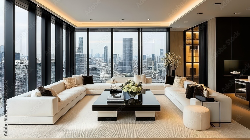 Stylish modern living room with panoramic city views, featuring elegant furniture and contemporary decor, perfect for relaxation. Stylish modern living room with panoramic city views, featuring elegant furniture and contemporary decor, perfect for relaxation.
