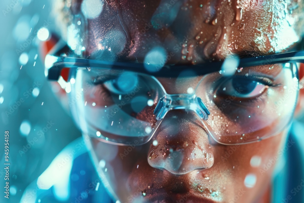Close-up of a person wearing safety glasses surrounded by water droplets, showcasing intensity and focus. Close-up of a person wearing safety glasses surrounded by water droplets, showcasing intensity and focus.