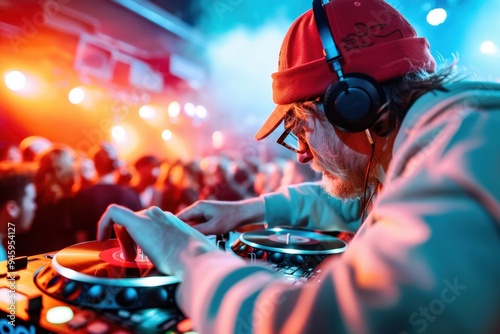 DJ performing live at a vibrant nightclub, creating an energetic atmosphere with colorful lights and music. Nightlife entertainment scene. photo