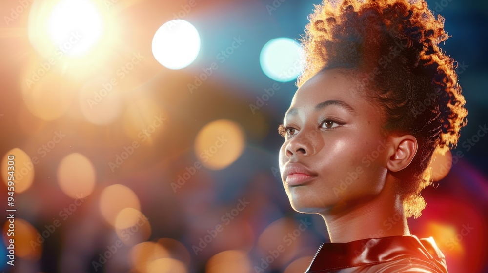 Portrait of a confident young woman with curly hair, highlighted by vibrant city lights in the background, exuding an elegant, determined aura. Portrait of a confident young woman with curly hair, highlighted by vibrant city lights in the background, exuding an elegant, determined aura.
