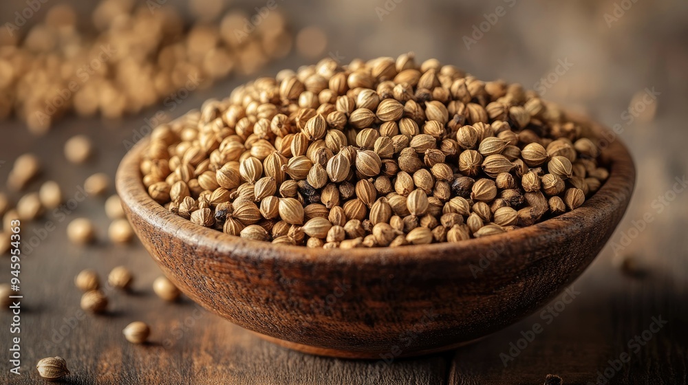 Close-up of coriander seeds in a bowl, sitting on a wooden table. A warm, textured scene ideal for food and spice-related imagery. Close-up of coriander seeds in a bowl, sitting on a wooden table. A warm, textured scene ideal for food and spice-related imagery.