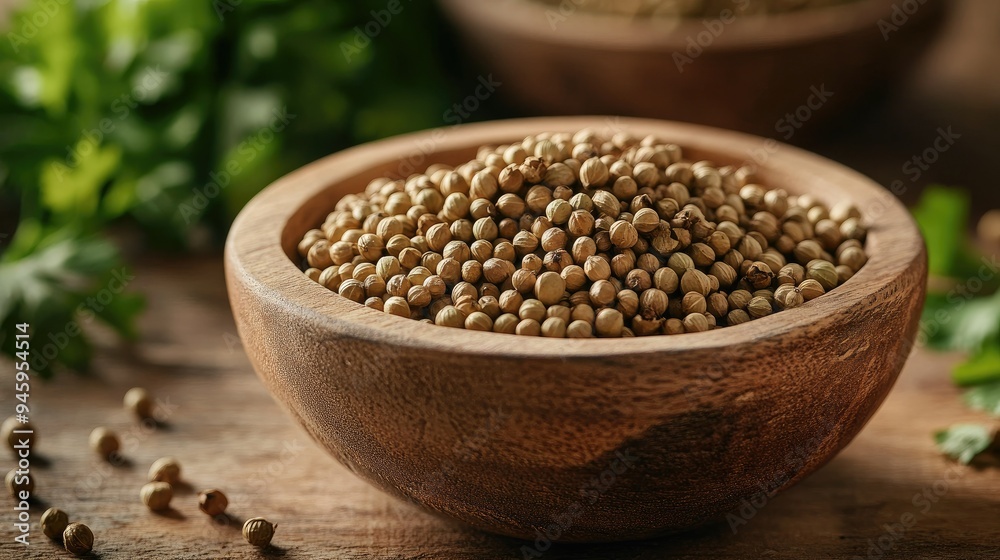 Close-up of coriander seeds in a simple bowl, placed on a wooden table. A natural, rustic setup ideal for food and ingredient-focused designs.