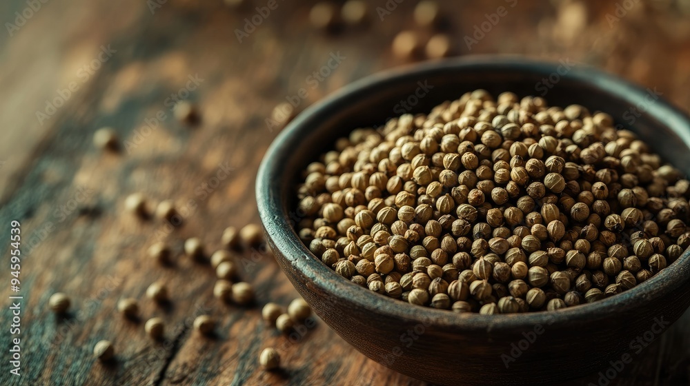 Close-up of coriander seeds in a simple bowl, placed on a wooden table. A natural, rustic setup ideal for food and ingredient-focused designs. Close-up of coriander seeds in a simple bowl, placed on a wooden table. A natural, rustic setup ideal for food and ingredient-focused designs.