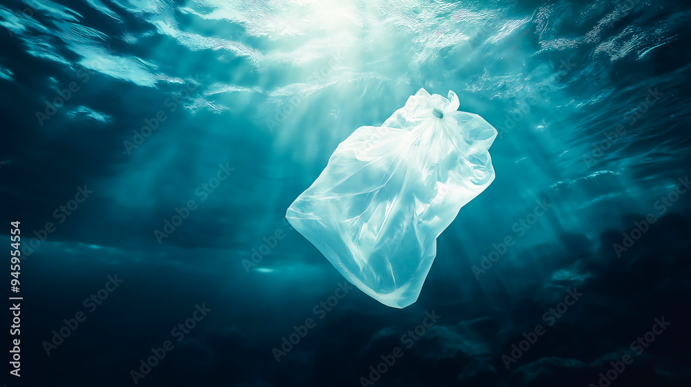 Fototapeta premium Plastic pollution in ocean. Underwater pollution:- A discarded plastic carrier bag drifting in a tropical, blue water ocean. Plastic bag floating in the sea