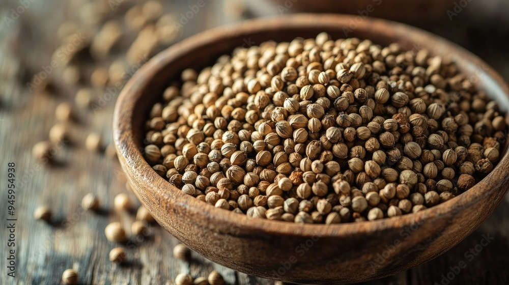 Close-up of dried coriander seeds in a bowl on a rustic wooden table. Perfect for spice and ingredient-related stock photography. Close-up of dried coriander seeds in a bowl on a rustic wooden table. Perfect for spice and ingredient-related stock photography.
