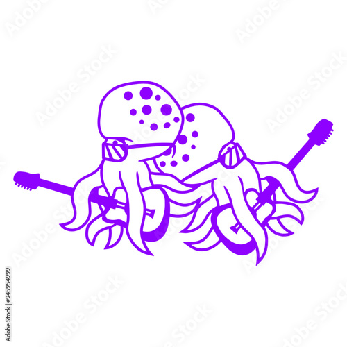 Two Octopus Squid Kraken Underwater Marine Sea Tentacles 2 Friends Team Sunglasses Loudly Play Electric Guitar Hard Rock Guitarist Instrument Musician Heavy Metal Musician Band Play Performance Stage