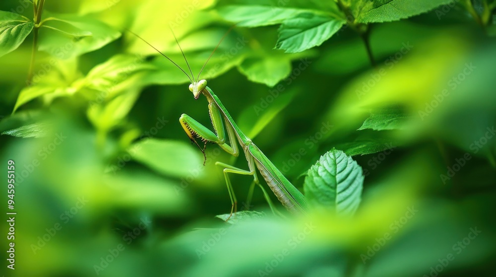 Camouflaged Mantis in Lush Green Foliage Camouflaged Mantis in Lush Green Foliage