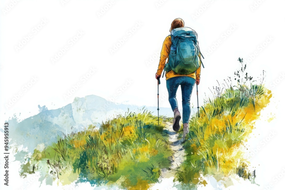 A pastel doodle of a hiker with a backpack climbing a gentle mountain trail against a white background. A pastel doodle of a hiker with a backpack climbing a gentle mountain trail against a white background.