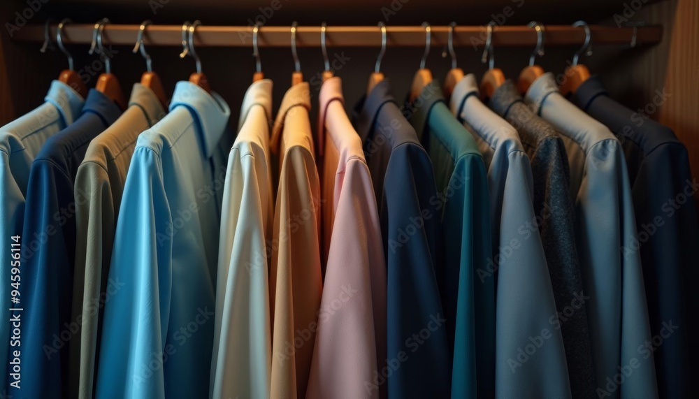 A wellorganized closet with neatly hung shirts