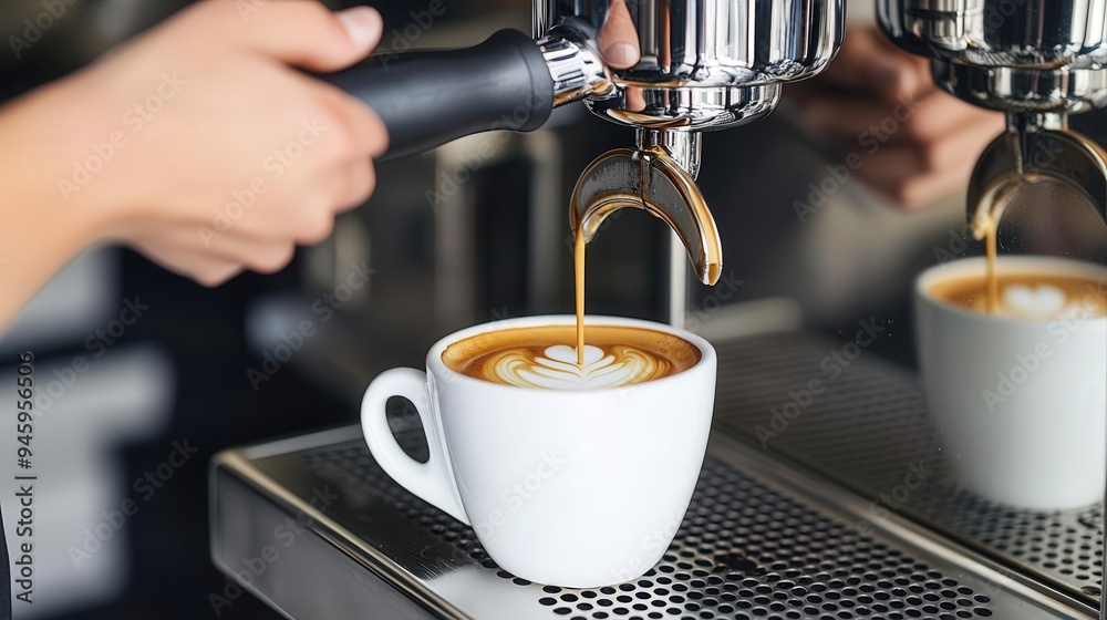 A barista expertly pouring espresso into a white coffee cup, showcasing latte art and a modern coffee machine. A barista expertly pouring espresso into a white coffee cup, showcasing latte art and a modern coffee machine.