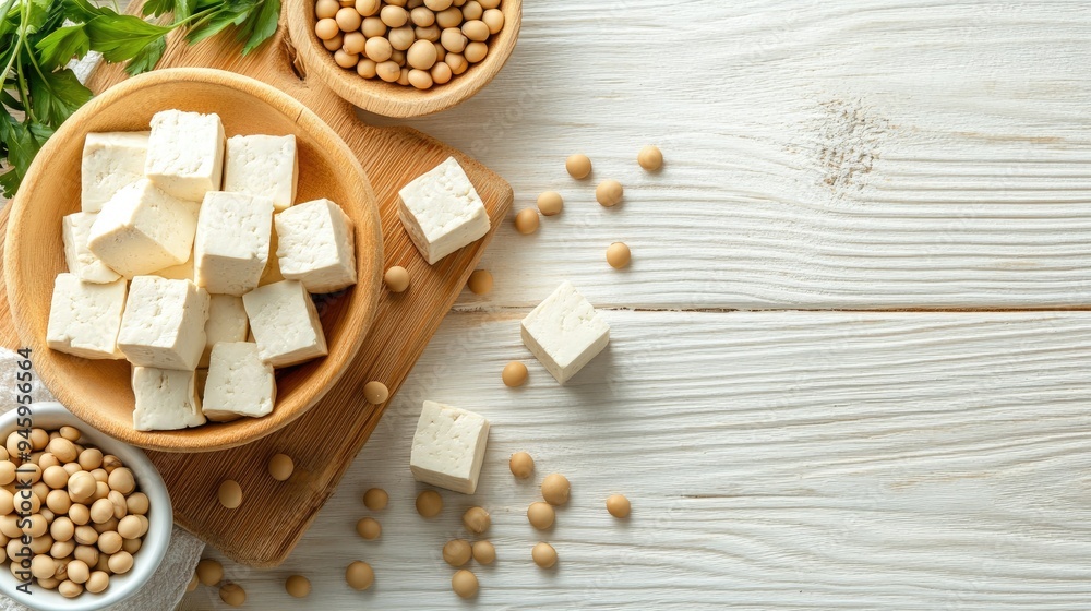 Close-up of tofu and soybeans on a white wooden table, perfect for a banner with space for text. Close-up of tofu and soybeans on a white wooden table, perfect for a banner with space for text.