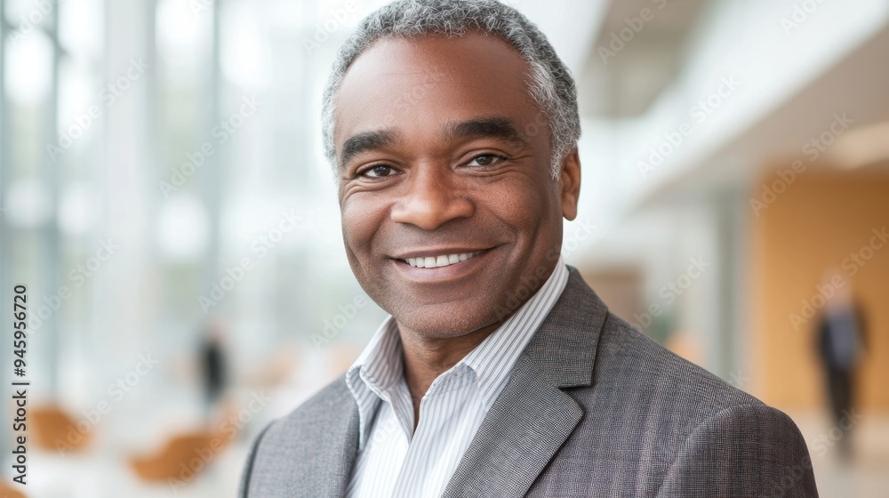 Confident Senior Businessman Smiling in Modern Office Space Confident Senior Businessman Smiling in Modern Office Space