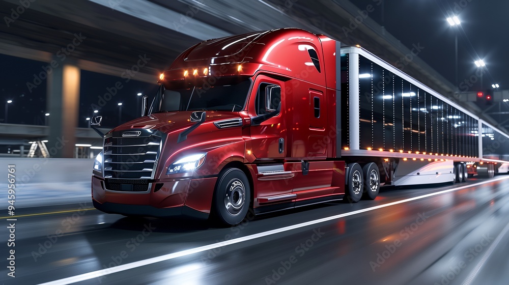 A red semi-truck driving on a highway at night with bright lights. A red semi-truck driving on a highway at night with bright lights.