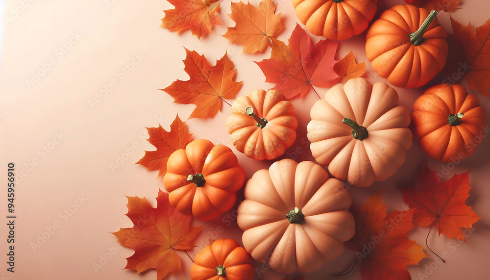 Fototapeta premium A collection of small orange pumpkins arranged on a soft beige background autumn leaves in shades of orange and brown