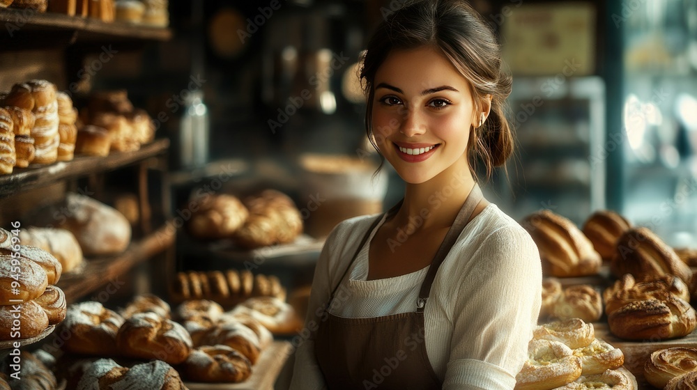 Close-up portrait of a beautiful woman baker, smiling as she stands in a cozy bakery shop, surrounded by delicious pastries and bread Close-up portrait of a beautiful woman baker, smiling as she stands in a cozy bakery shop, surrounded by delicious pastries and bread