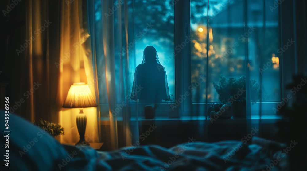 Ghost Silhouette in Bedroom Window on Halloween Night. Ghost Silhouette in Bedroom Window on Halloween Night.