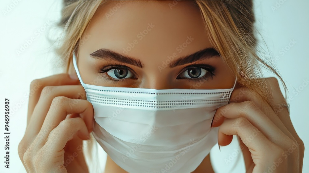 Close-up portrait of a woman removing her mask, isolated on white, focus on her expression and face, a moment of relief and change Close-up portrait of a woman removing her mask, isolated on white, focus on her expression and face, a moment of relief and change
