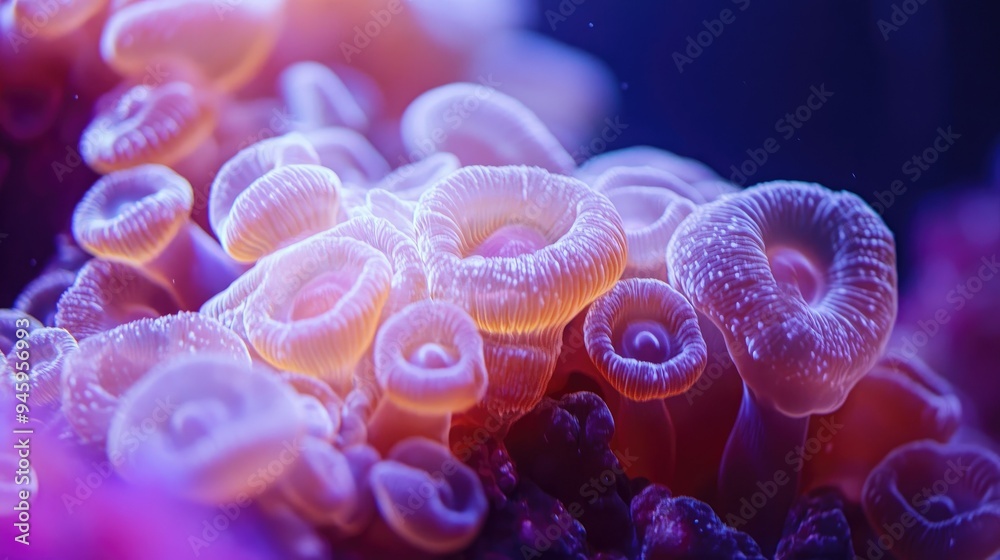 Close-up shot of a bubble anemone's soft, rounded tentacles, glowing in the clear tropical waters, surrounded by vibrant coral formations