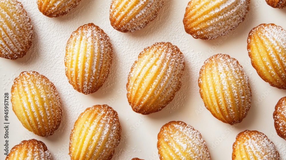 Close-up top view of buttery French madeleine cookies, lightly powdered with icing sugar, isolated on a clean white background.