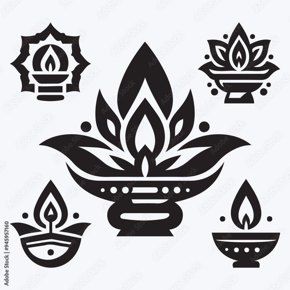 Happy Diwali Oil Lamp Silhouette Collection Clip Art Vector Illustration Happy Diwali Oil Lamp Silhouette Collection Clip Art Vector Illustration