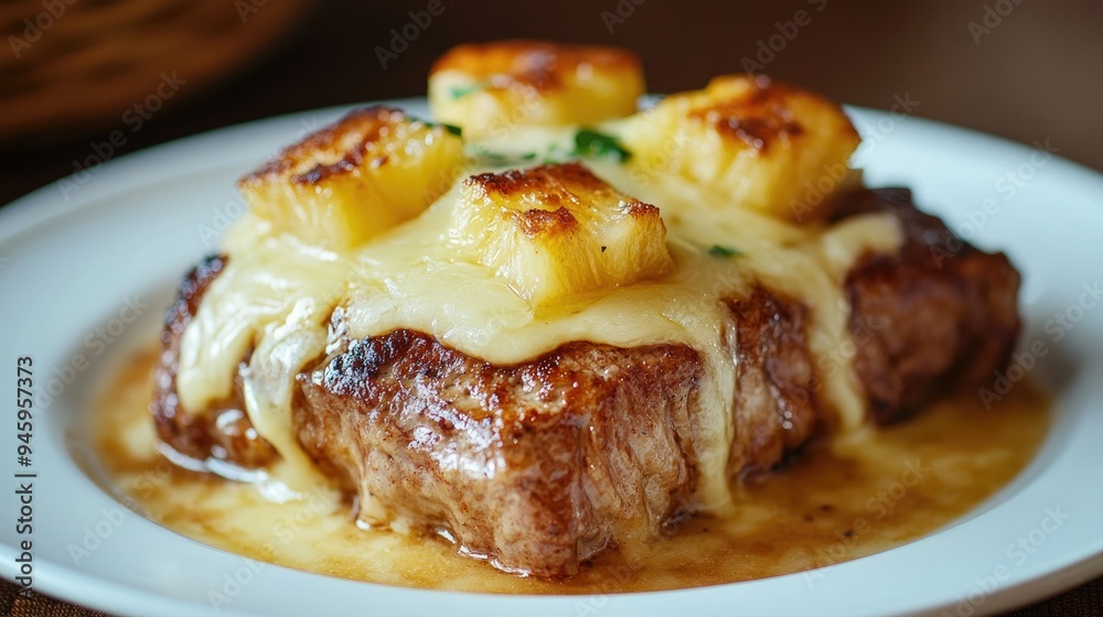 Closeup of a baked pork steak topped with pineapple and melted cheese on a white plate, showcasing the golden, savory layers of this flavorful dish, perfect for a hearty meal, Closeup of a baked pork steak topped with pineapple and melted cheese on a white plate, showcasing the golden, savory layers of this flavorful dish, perfect for a hearty meal,
