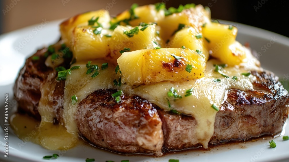 Closeup of juicy baked pork steak topped with pineapple and cheese, served on a white plate, capturing the rich, mouthwatering textures of this flavorful meal, Closeup of juicy baked pork steak topped with pineapple and cheese, served on a white plate, capturing the rich, mouthwatering textures of this flavorful meal,
