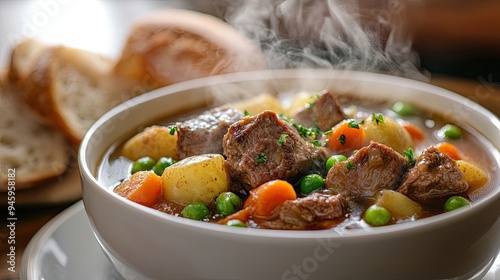 A bowl of hearty beef stew with chunks of tender meat, potatoes, carrots, and peas, with steam rising from the bowl, served with a side of crusty bread. photo