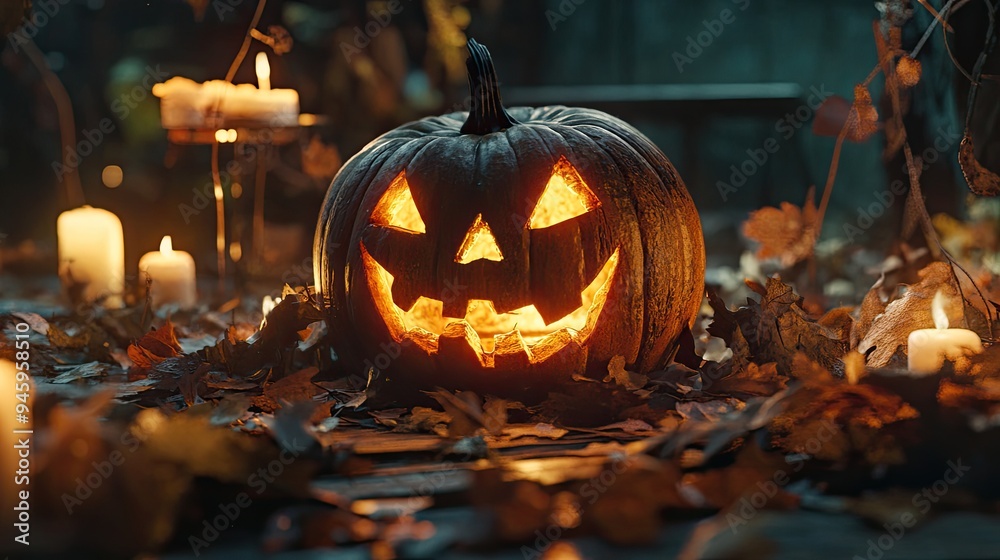 A close-up of a carved pumpkin with a mischievous grin, surrounded by fallen leaves and candles, with a warm, autumnal glow. A close-up of a carved pumpkin with a mischievous grin, surrounded by fallen leaves and candles, with a warm, autumnal glow.