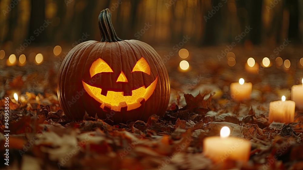 A close-up of a carved pumpkin with a mischievous grin, surrounded by fallen leaves and candles, with a warm, autumnal glow. A close-up of a carved pumpkin with a mischievous grin, surrounded by fallen leaves and candles, with a warm, autumnal glow.
