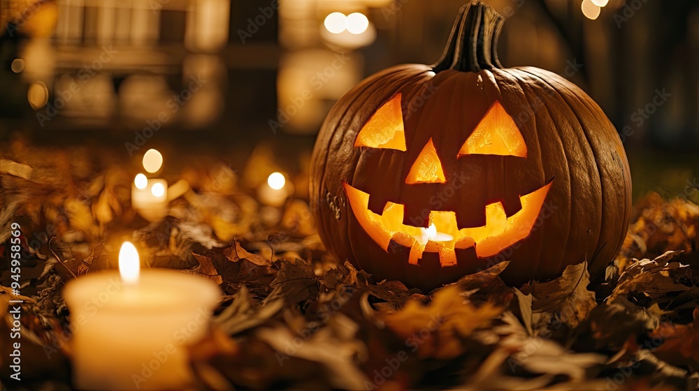 A close-up of a carved pumpkin with a mischievous grin, surrounded by fallen leaves and candles, with a warm, autumnal glow. A close-up of a carved pumpkin with a mischievous grin, surrounded by fallen leaves and candles, with a warm, autumnal glow.
