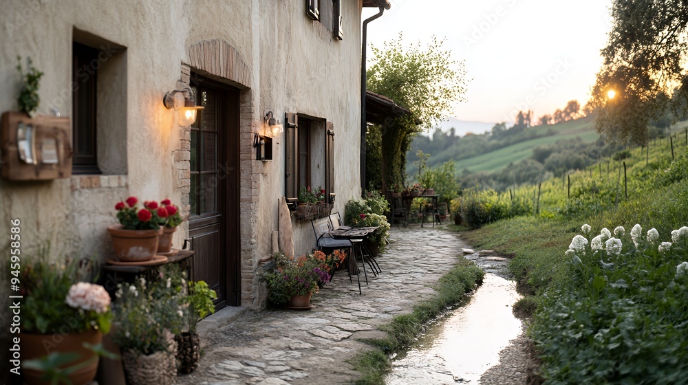 Fototapeta premium A charming countryside home with a stone pathway and blooming flowers at sunset.