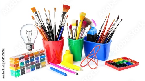 A vibrant collection of art supplies including brushes, paints, and tools organized in colorful pots for creative projects.