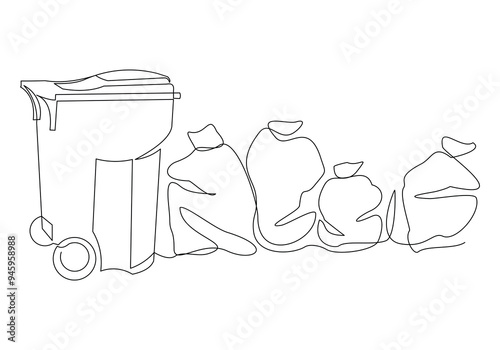 Continuous single line sketch drawing of recycle bin dustbin rubbish bin and trash garbage bag home appliance kitchenware tools one line vector illustration