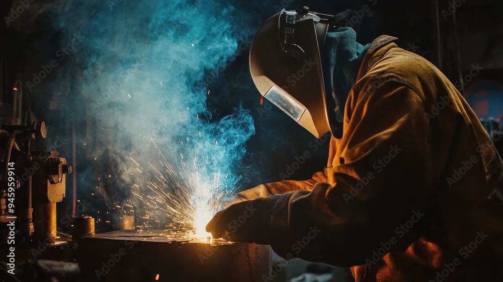 Welder Working with Sparks and Smoke Welder Working with Sparks and Smoke