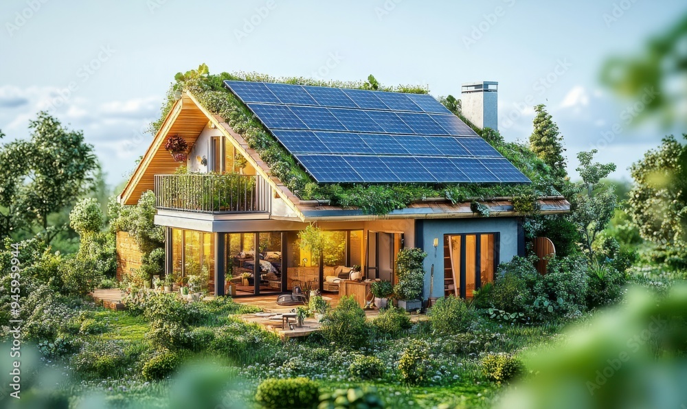 A surrealistic depiction of a sustainable home with solar panels and a vibrant garden surrounded by nature during golden hour. A surrealistic depiction of a sustainable home with solar panels and a vibrant garden surrounded by nature during golden hour.