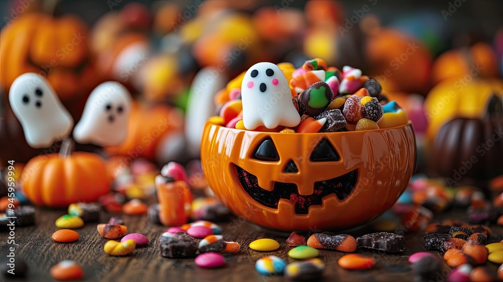 Fototapeta premium A Halloween candy bowl overflowing with colorful candies and chocolates, with ghost and pumpkin-shaped treats, ready for trick-or-treaters.