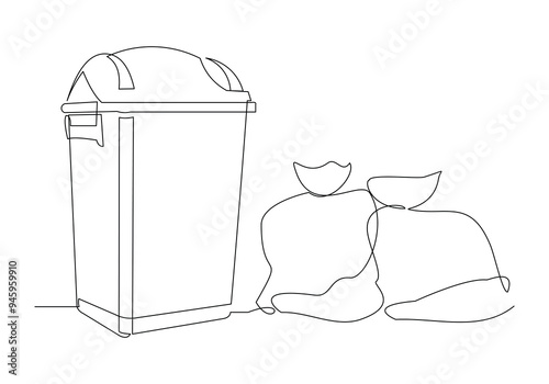 Continuous single line sketch drawing of recycle bin dustbin rubbish bin and trash garbage bag home appliance kitchenware tools one line vector illustration