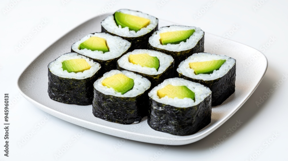 Avocado sushi rolls on a plate, minimalistic presentation Avocado sushi rolls on a plate, minimalistic presentation