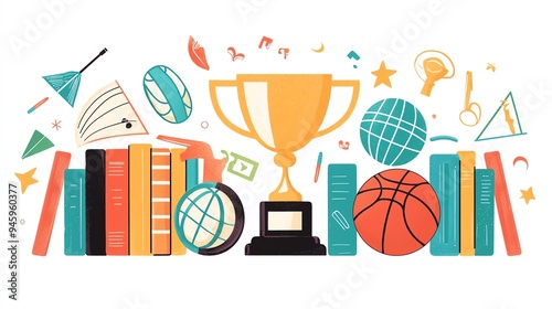 Colorful illustration featuring books, a trophy, sports items, and global symbols, perfect for educational and motivational themes.