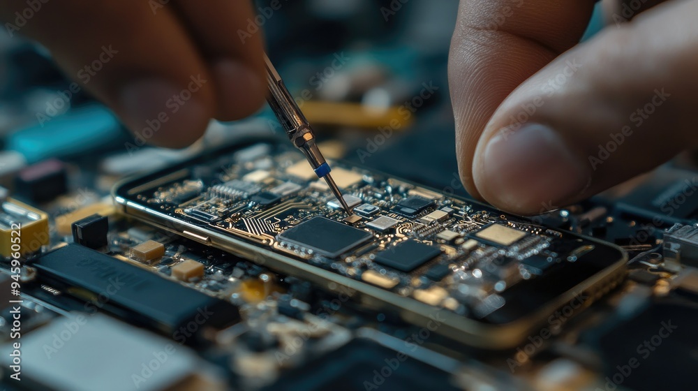 Fototapeta premium Detailed image of a smartphone's internal wiring being carefully adjusted by a technician, highlighting the complexity of mobile phone repairs